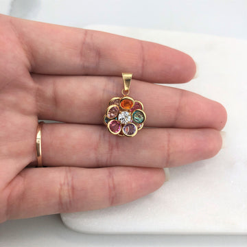18K Gold Layered Oro Laminado Clear CZ Center with Colored Rhinestone Flower Design Pendant 31.0100/17
